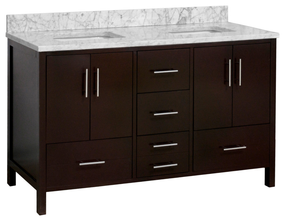 California 60" Bathroom Vanity, Chocolate, Carrara Marble, Double