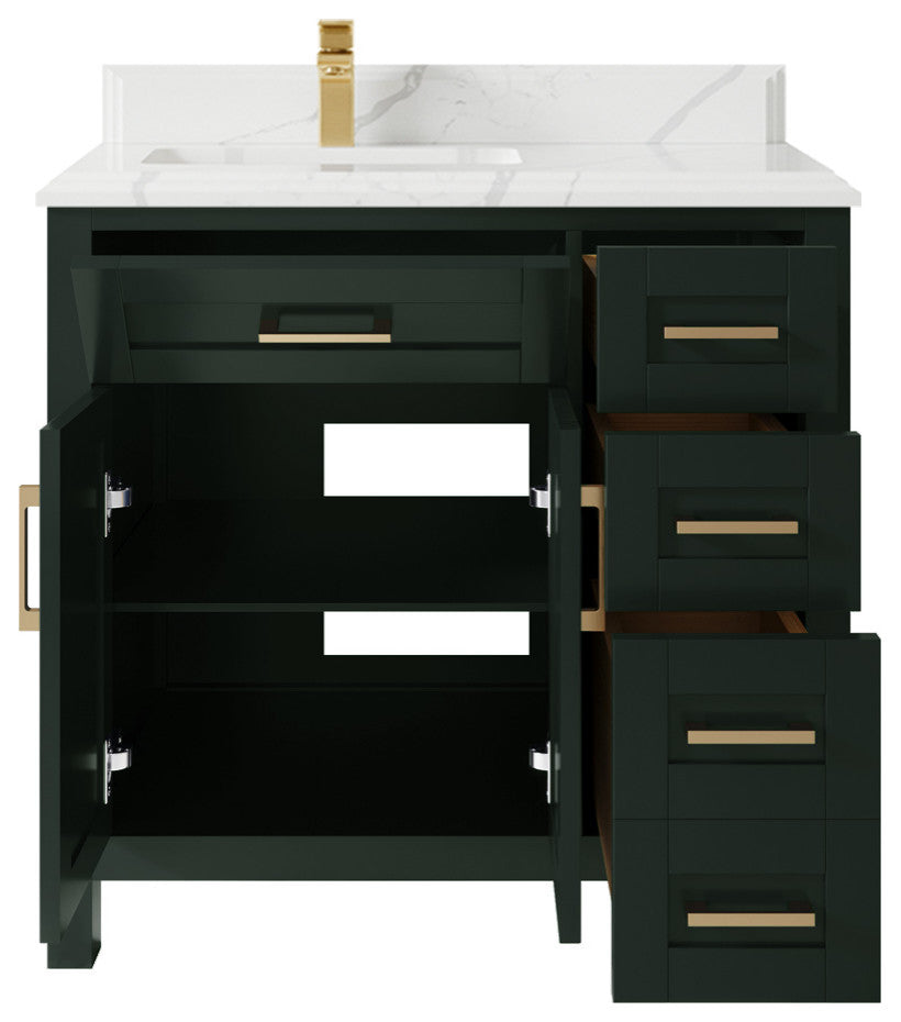 Cambridge 36 Left Offset Bath Vanity in Dark Forest Green 1.5" Calacatta Laza