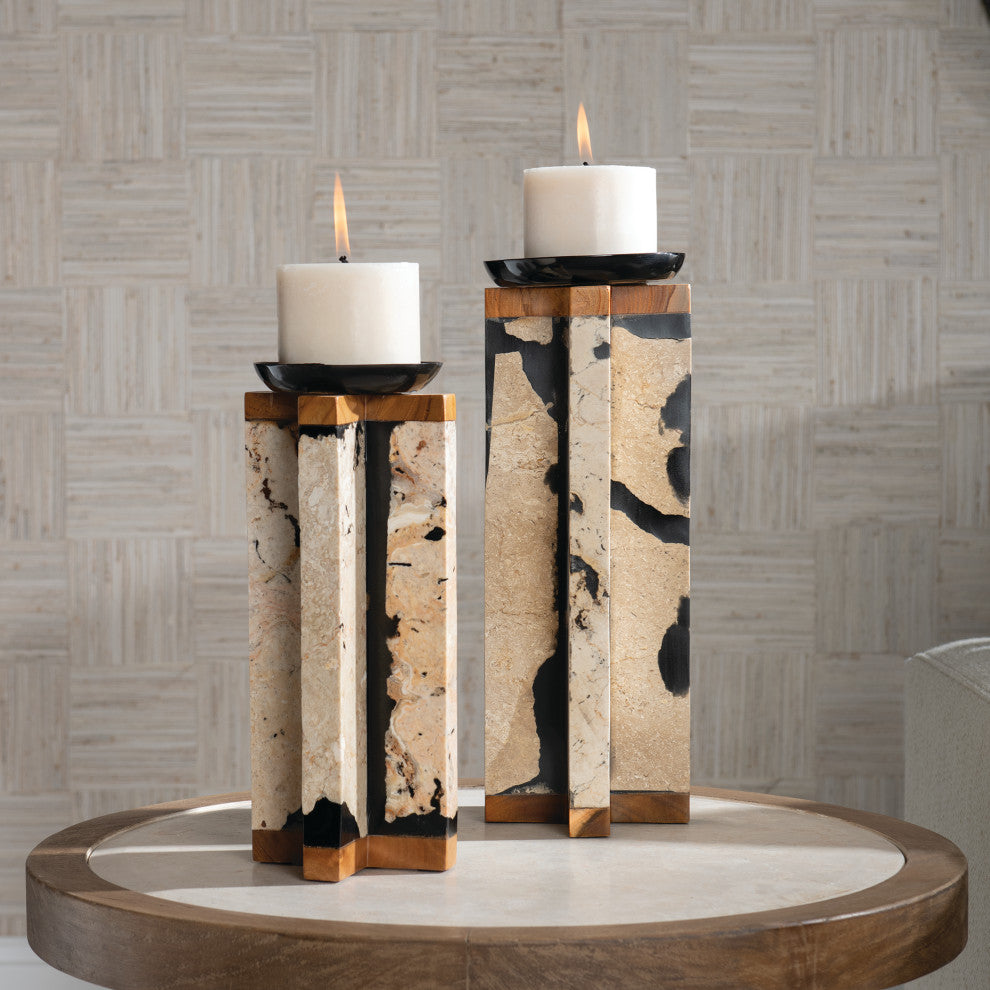Uttermost Illini Wood Stone and Resin Candleholder in White and Black (Set of 2)