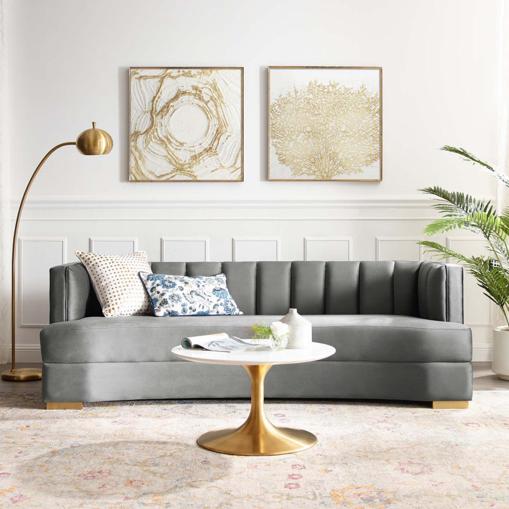 Tufted Sofa, Velvet, Gray, Modern, Living Lounge Hotel Lobby Hospitality