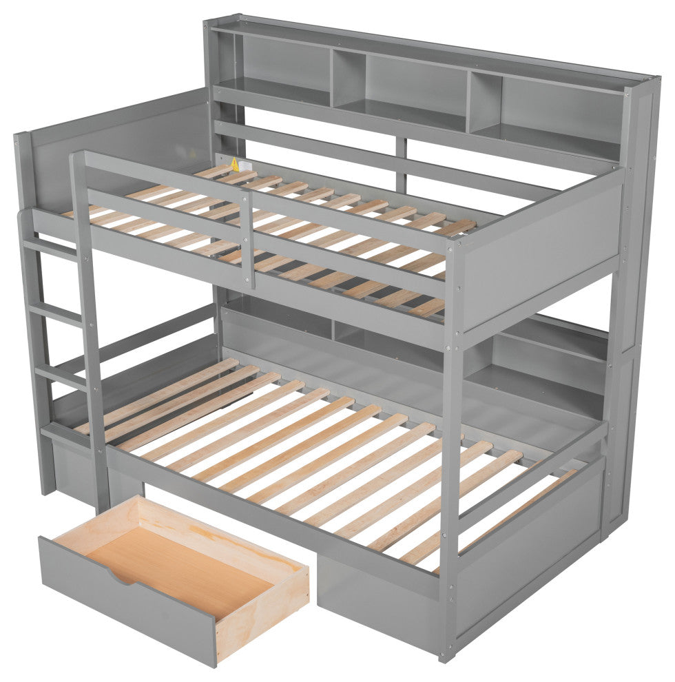 Gewnee Twin Size Bunk Bed with Shelves Beside both Upper and Down Bed in Gray