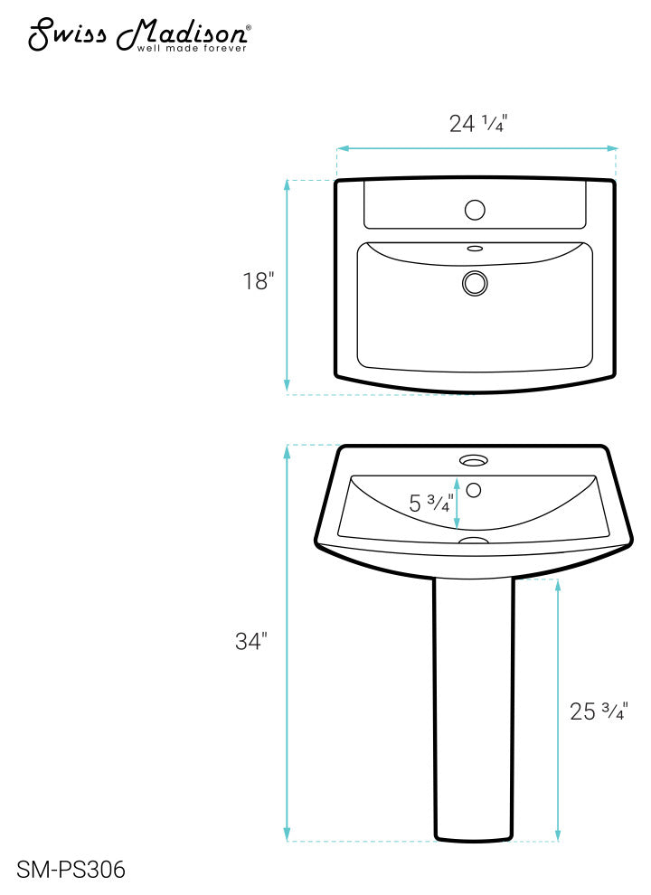 Sublime Pedestal Bathroom Sink Rectangular with Single Faucet Hole