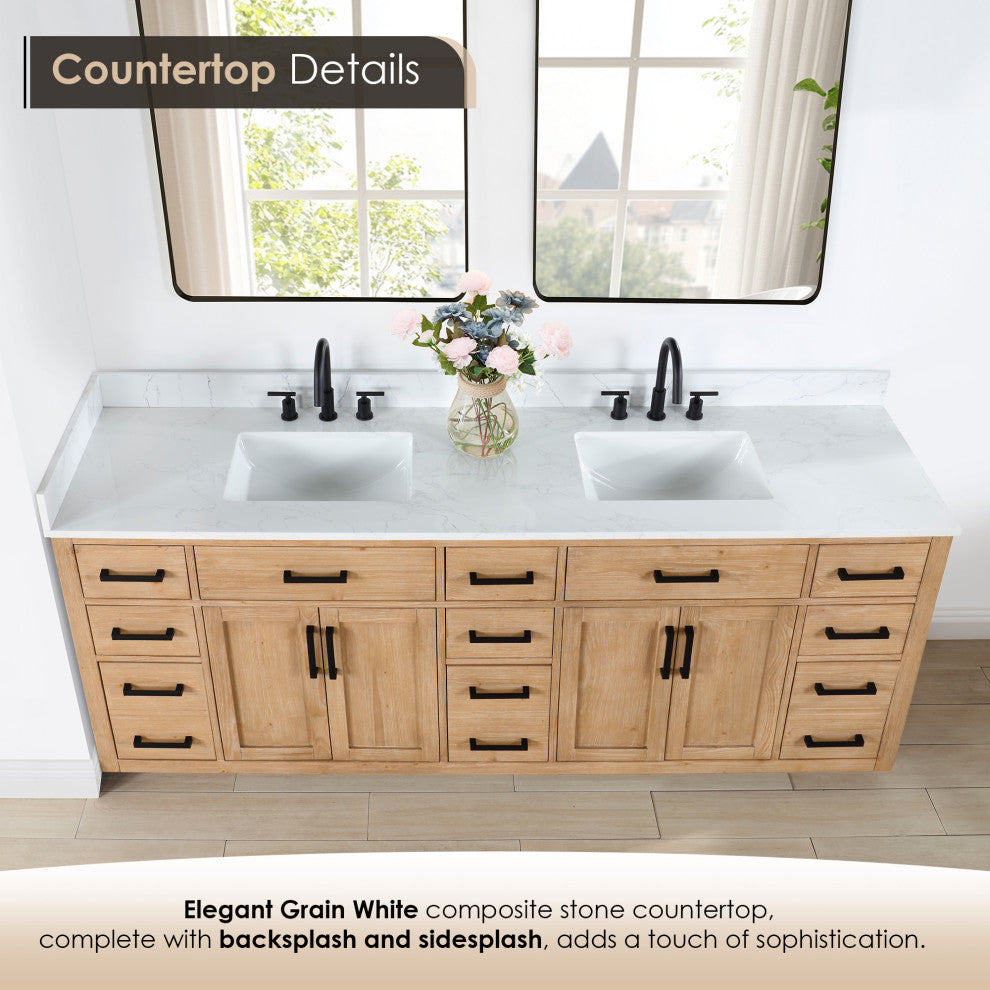 Gavino Vanity With Grain White Composite Stone Top, Light Brown/Matte Black, 84", No Mirror