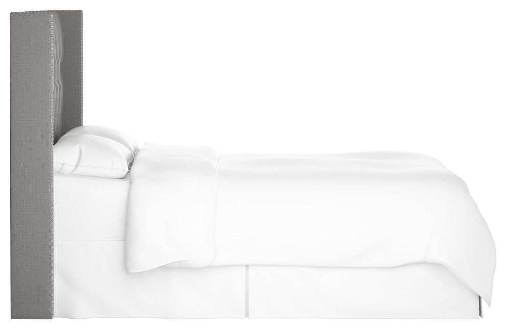 Monarch Twin Diamond Nailbutton Wingback Headboard, Linen Gray