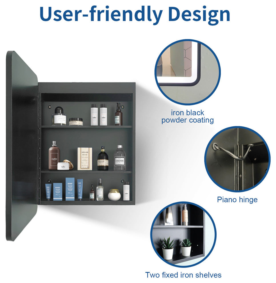 Aluminum Surface Mounted LED Medicine Cabinet, Doors and Shelves, 30" X 24"