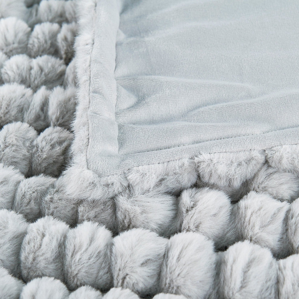 Spandex Striped Heavy Faux Fur Throw Blanket, Silver Grey