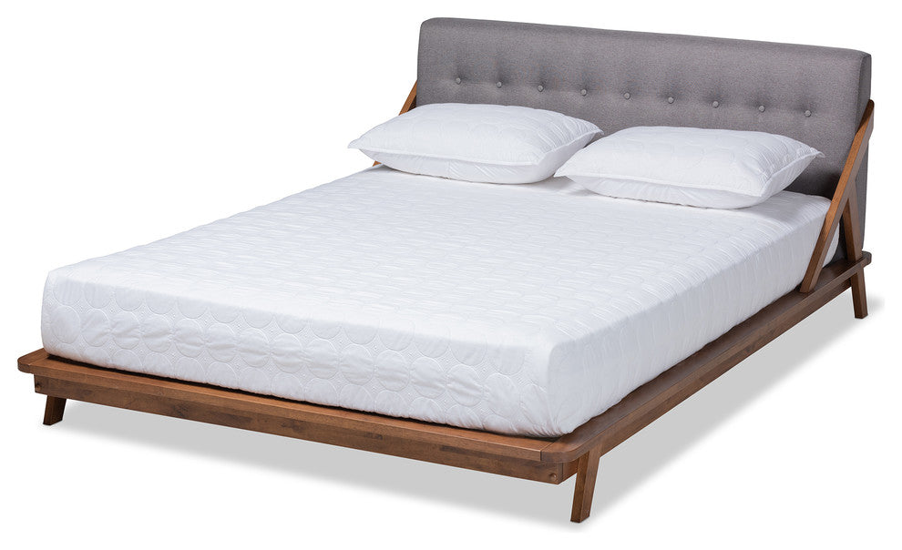 Amias Mid-Century Modern Gray Fabric Upholstered Wood King Platform Bed
