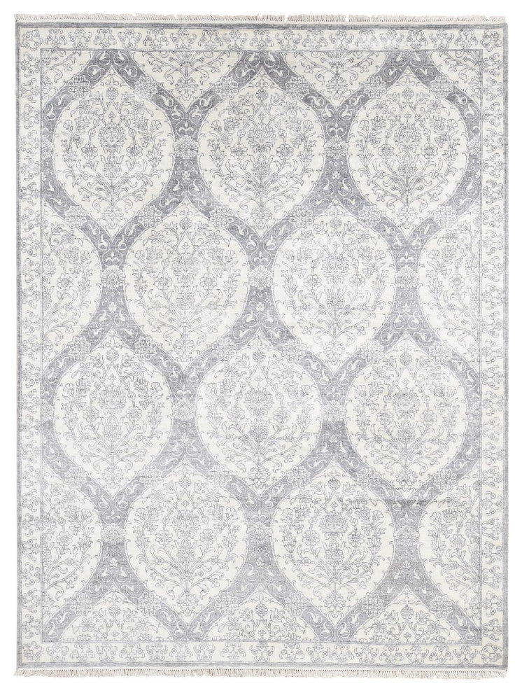 Ivory Hand Knotted Cotton Mughal Empire Agra Flower Bouquet Design Rug 9'x12'