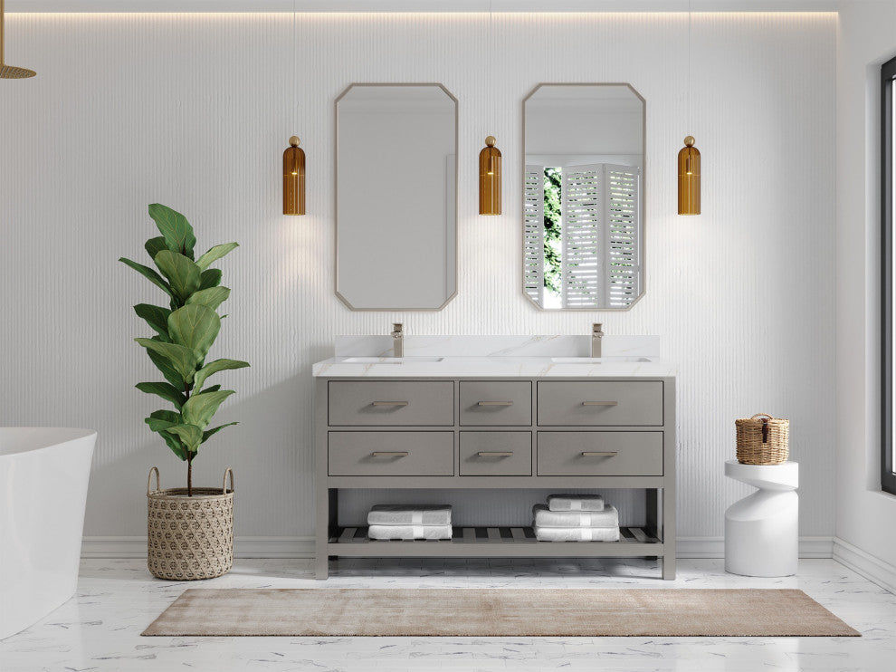 Parker 60" Double Sink Bath Vanity, Elephant Skin Gray 2" Calacatta Sienna