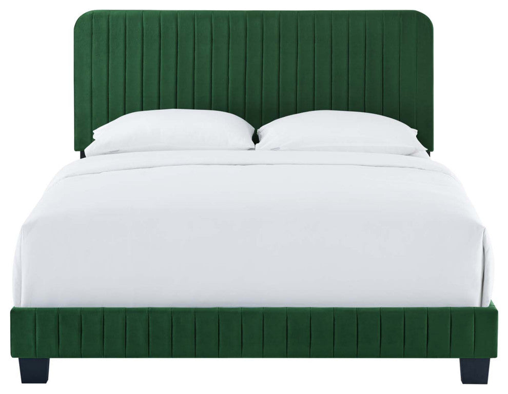 Tufted Platform Bed Frame, Full Size, Velvet, Green, Modern Contemporary