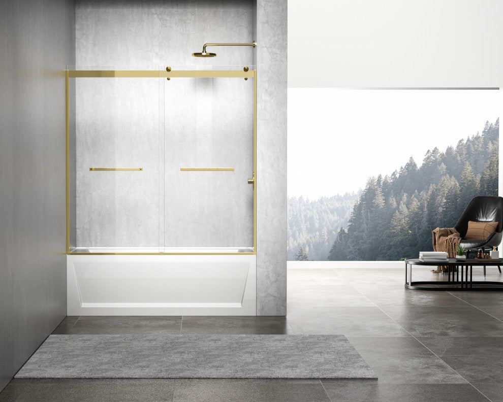 Home Living 60X60 Frameless Double Sliding Tub Door, Brushed Gold