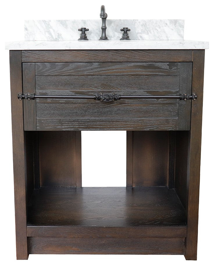 30" Single Vanity, Brown Ash, White Carrara Top, Rectangle Sink