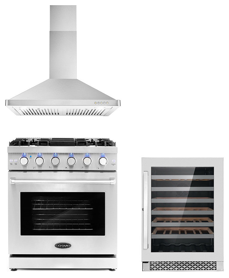 3-Piece, 30" Gas Range, 30" Range Hood, 48 Bottle Wine Refrigerator