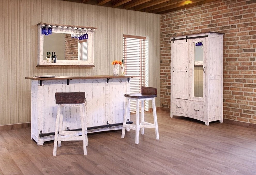 Greenview 76" White Bar With Wine Rack 2 Drawers Barn Doors and Shelves