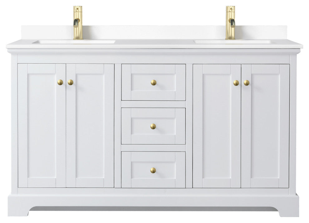 60"DBL Bath Vanity, White, White Cult. Marble Countertop, Sinks, Gold Trim