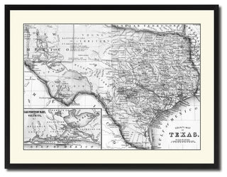 Texas Vintage Map Print On Canvas With Black Custom Frame, 28" X 37"