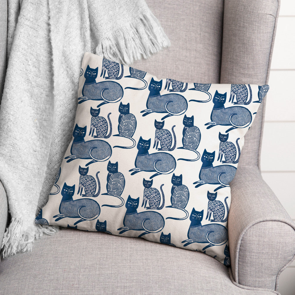 Blue Cat Pattern 18"x18" Spun Poly Pillow