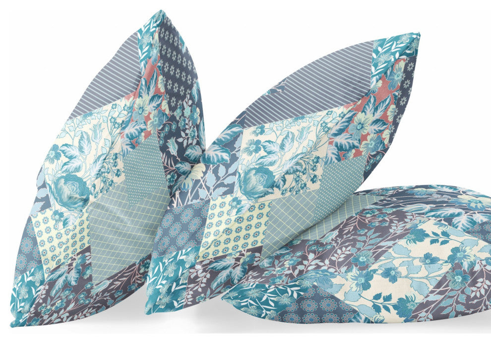 28" Aqua Navy Boho Floral Indoor Outdoor Throw Pillow