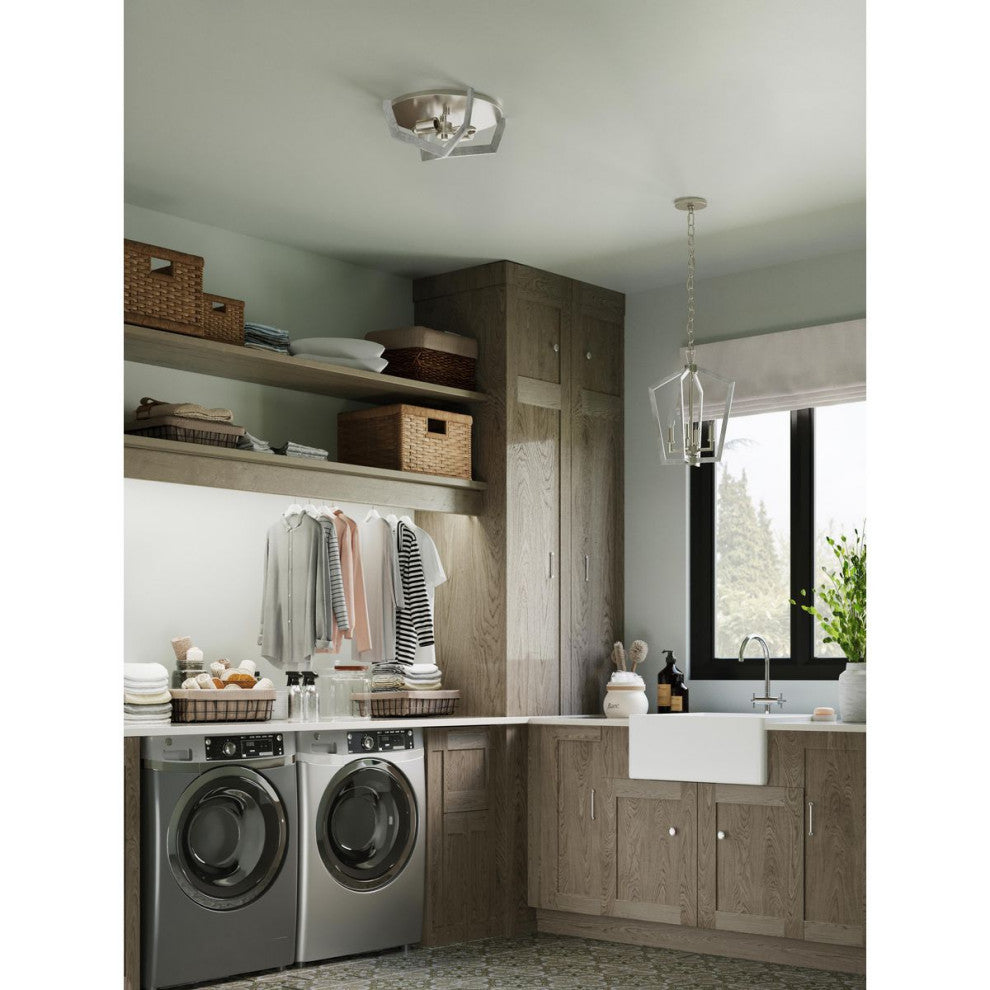 Galloway 2-Light 15" Brushed Nickel Flush Mount Light, Grey Washed Oak Accents
