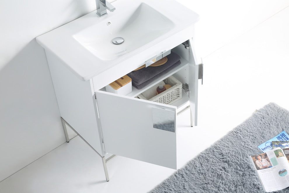 Modern White Bathroom Vanity Set, Chrome Hardware, Vireous China Sink Top