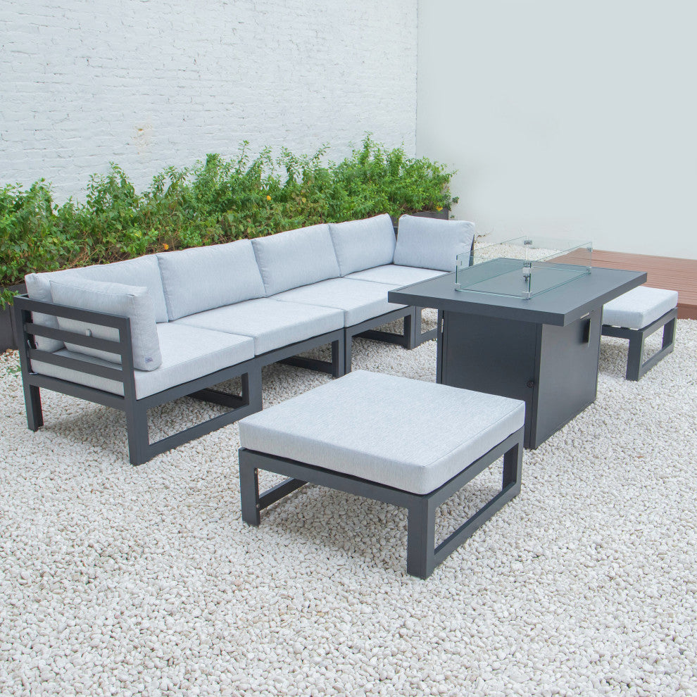 LeisureMod Chelsea 7-Piece Outdoor Sectional With Fire Pit Table, Light Gray