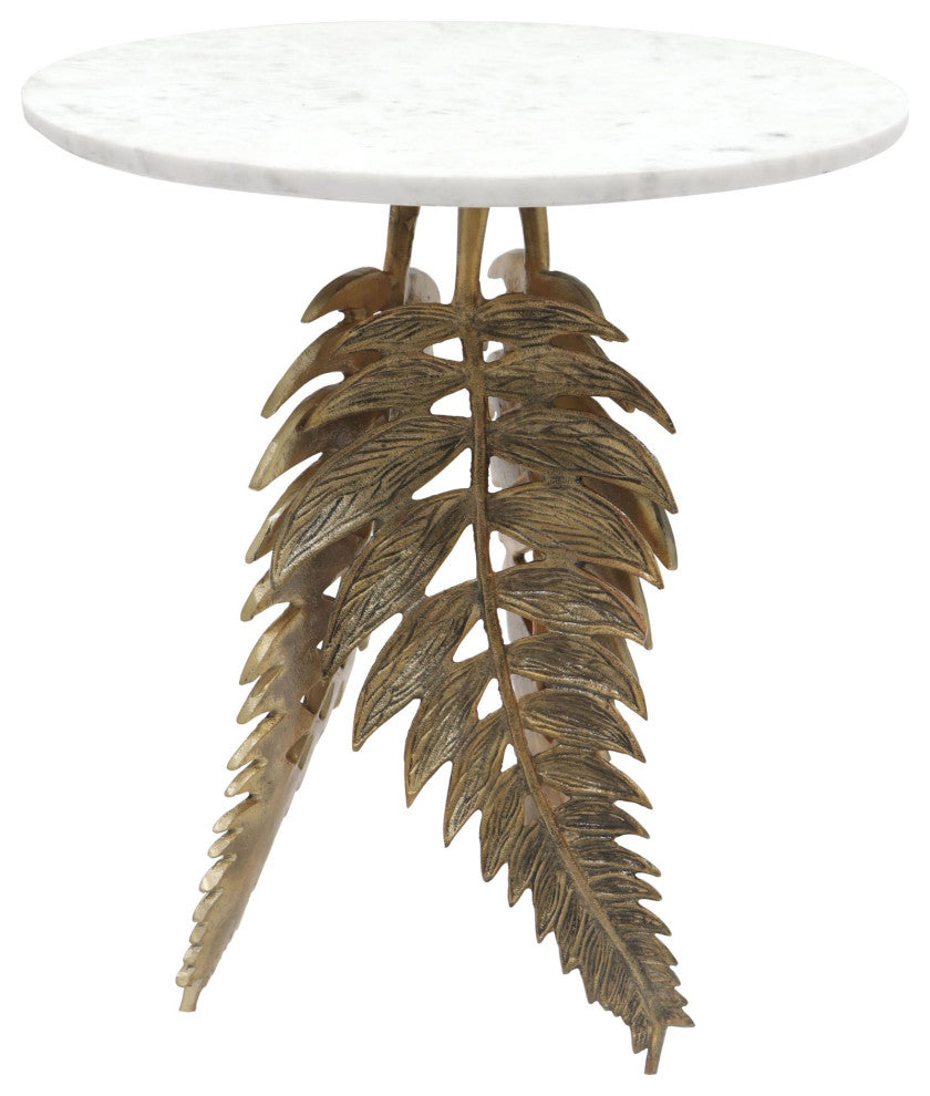 Sofa Side Table, Round, Artificial Marble, Aluminum Metal, White, Gold, Lounge