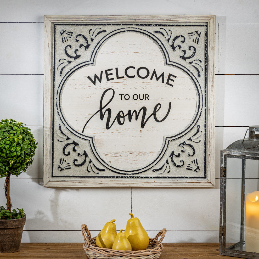 23.63" Antique White Wood and Embossed Metal Welcome Home Wall Art