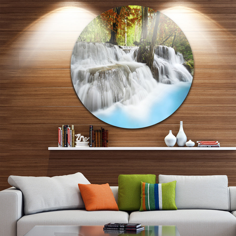Roaring Erawan Waterfall, Landscape Disc Metal Artwork, 23"
