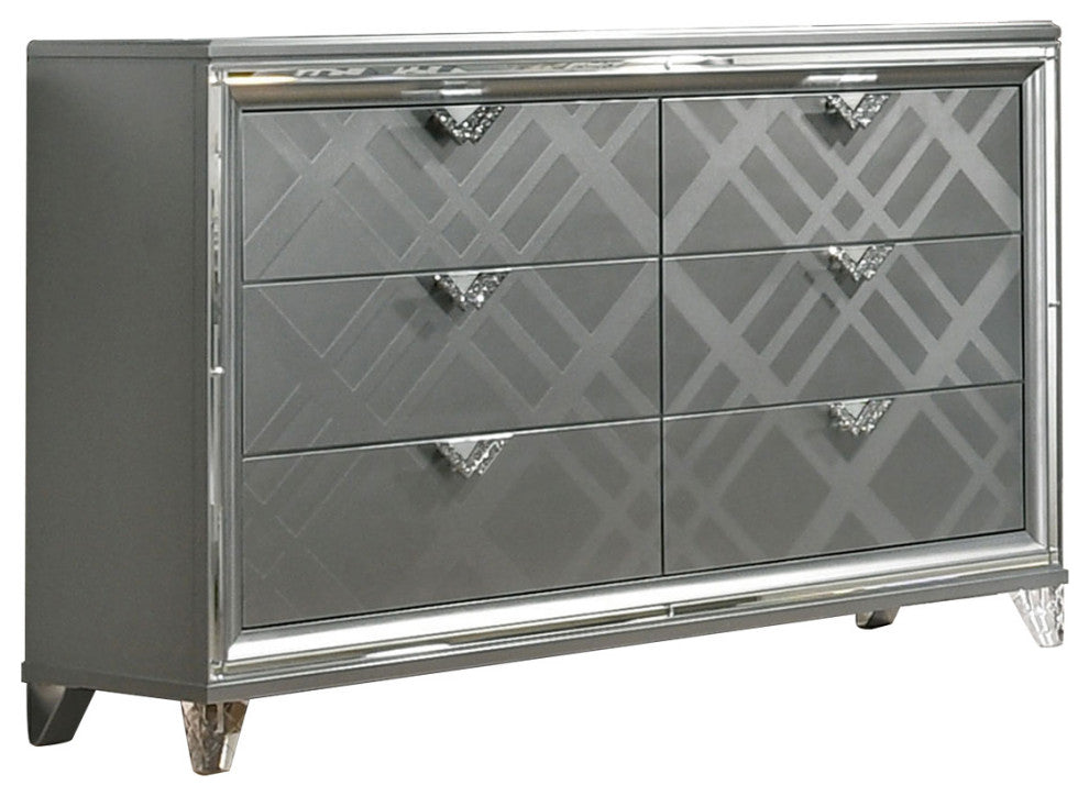 Mirror and Wood Chest with 6 Drawers, Silver