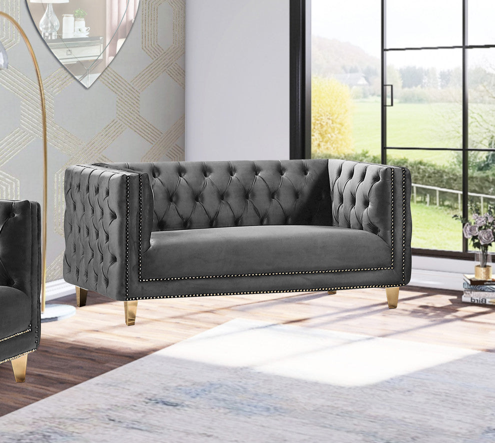 Michelle Fabric Upholstered Chair, Gold Iron Legs, Gray, Velvet, Loveseat