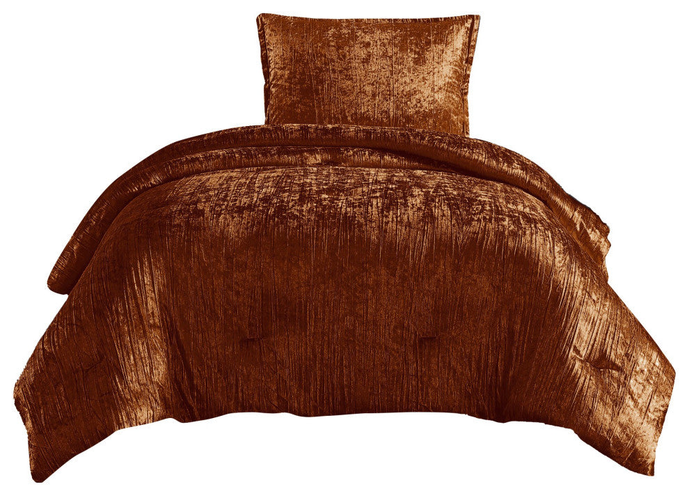 Benzara BM283898 Jay 2 Piece Twin Comforter Set, Copper Polyester Velvet Texture