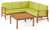 Outdoor 5-Seat V Shaped Acacia Sectional With Table, Green