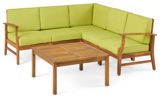 Outdoor 5-Seat V Shaped Acacia Sectional With Table, Green