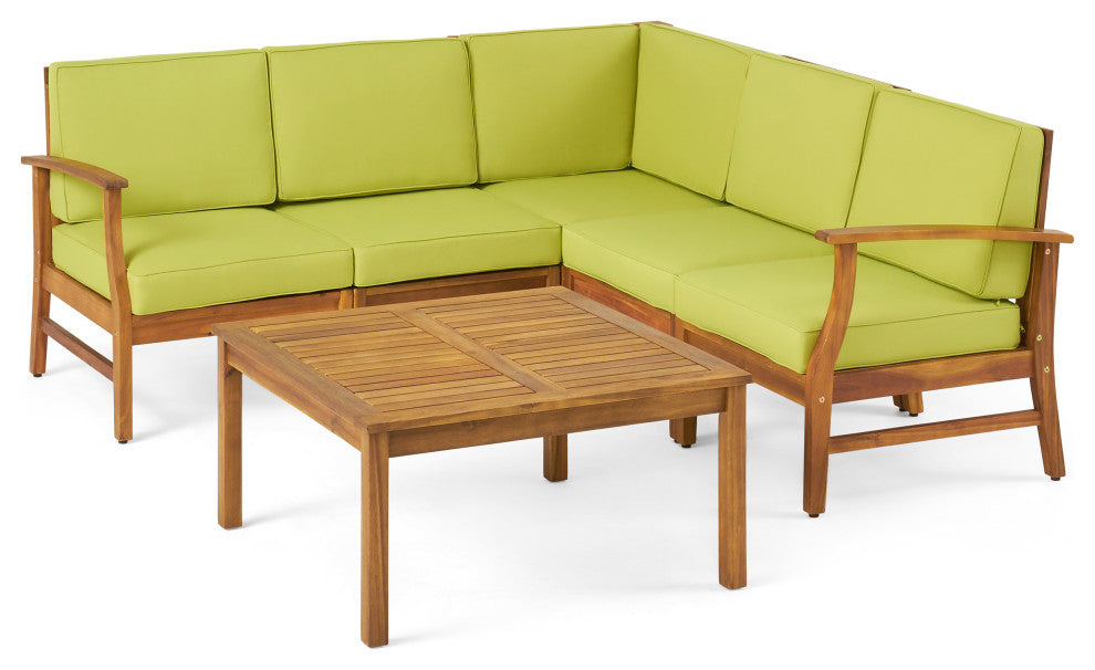 Outdoor 5-Seat V Shaped Acacia Sectional With Table, Green