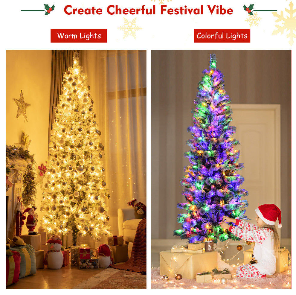 8FT Pre-Lit Hinged Christmas Tree Snow Flocked w/ 9 Modes Remote Control Lights
