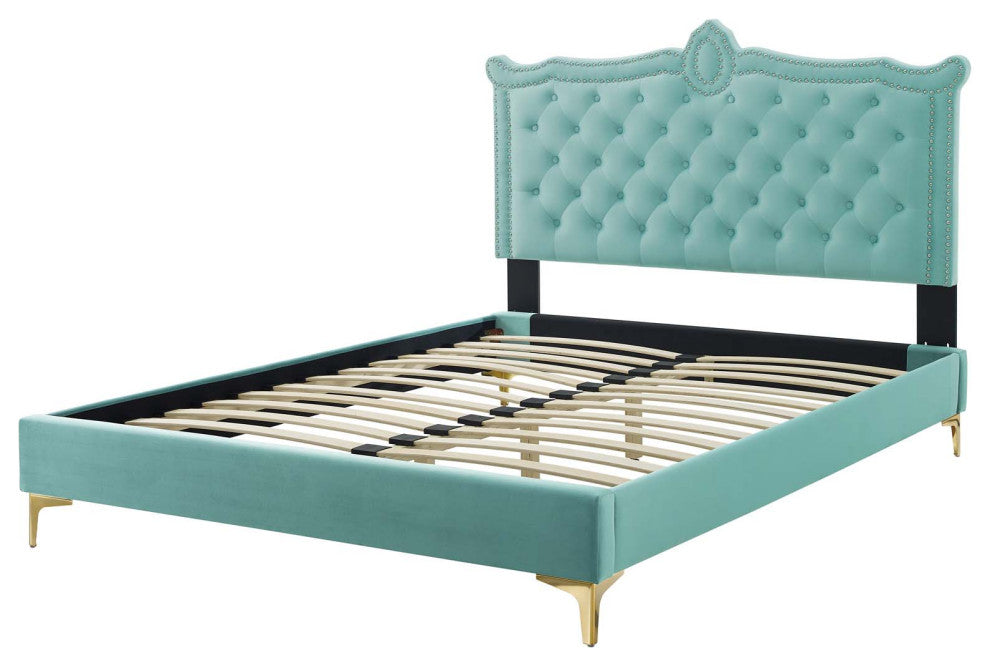 Platform Bed Frame, Nailhead, Queen Size, Blue, Velvet, Modern, Guest Suite