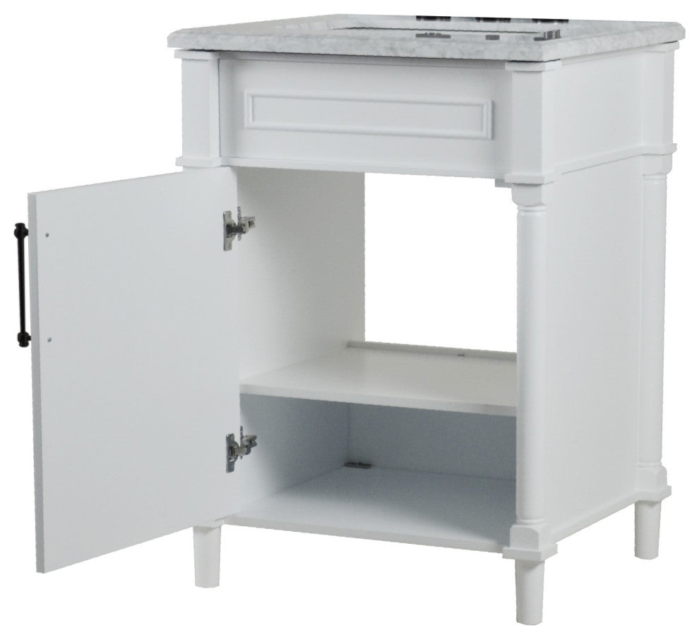 24" Single Vanity, White With White Carrara Marble Top