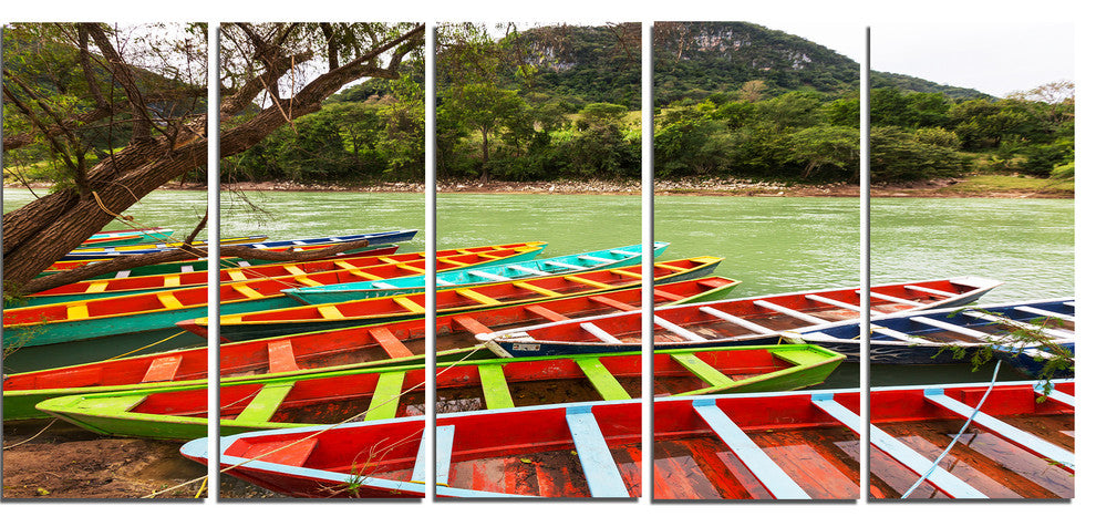 Colorful Boats in Mexico, Landscape Canvas Art Print, 60"x28", 5 Panels