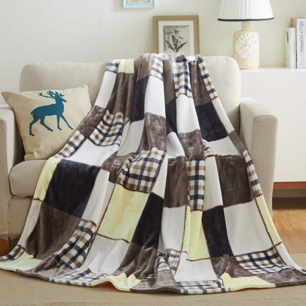 Plaid Buttermilk Yellow Brown Patchwork Plush Fleece Throw Blanket, 63"