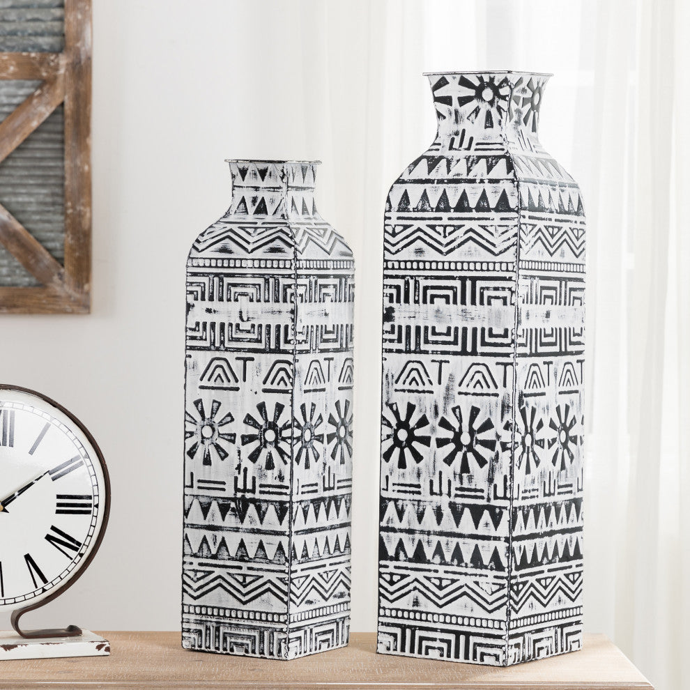 Global/Boho Textured Metal Table/Floor Vase, Set of 2