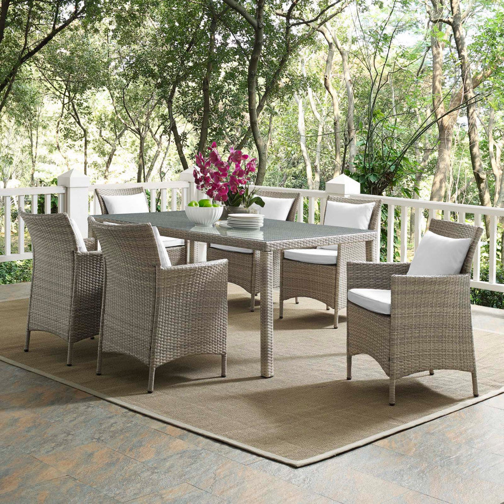 Side Dining Chair and Table Set, Rattan, Wicker, Gray White, Outdoor