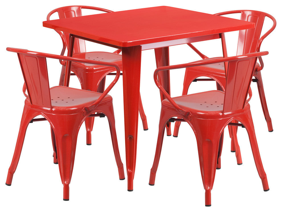 31.5" Square Red Metal Indoor-Outdoor Table Set with 4 Arm Chairs