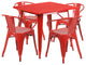31.5" Square Red Metal Indoor-Outdoor Table Set with 4 Arm Chairs