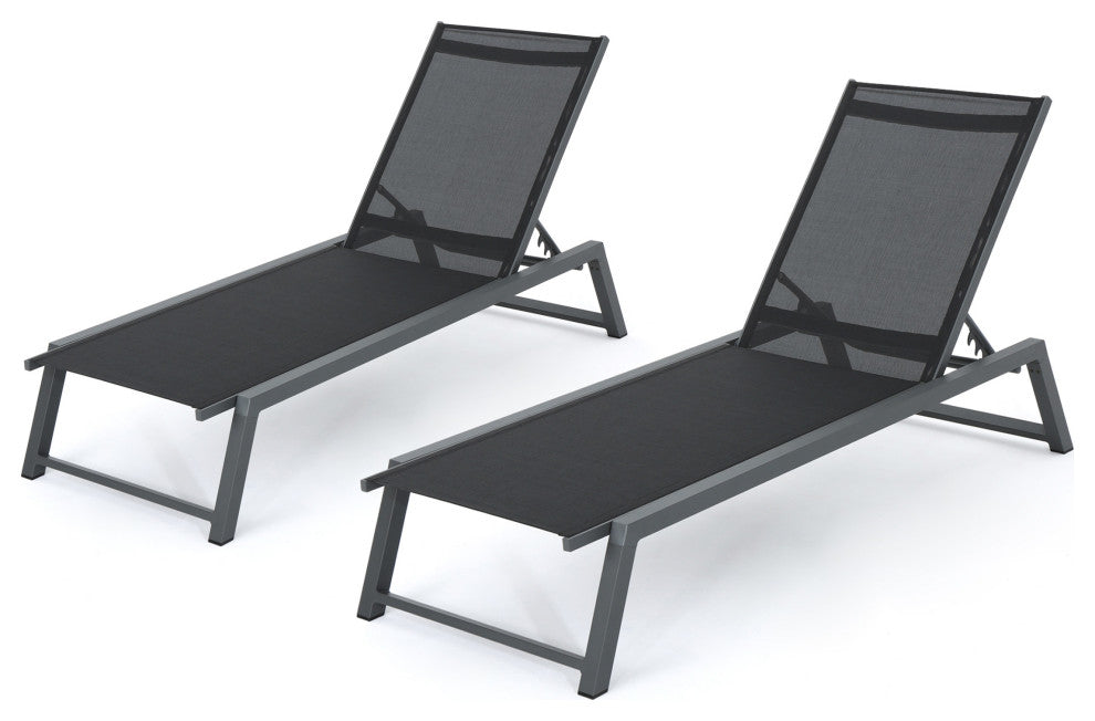 GDF Studio Mesa Outdoor Chaise Lounge With Aluminum Frame, Black Mesh/Gray, Set of 2