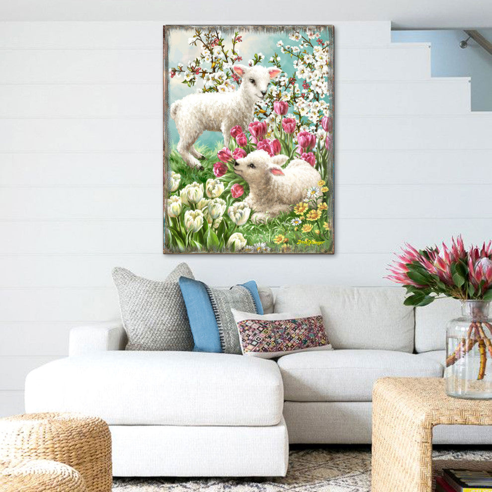 Easter Lambs Wooden Wall Art, Medium 18x12