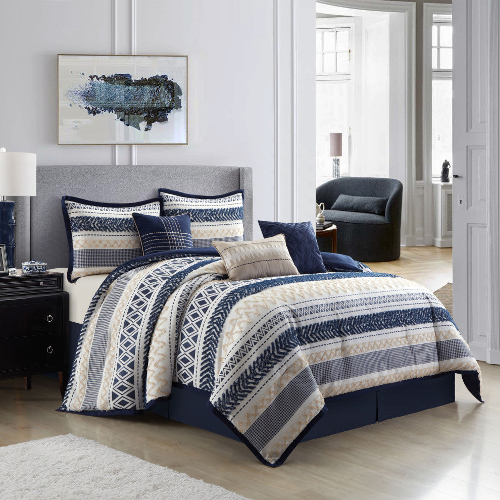 Kitana 7 Piece Comforter Set, Navy, King