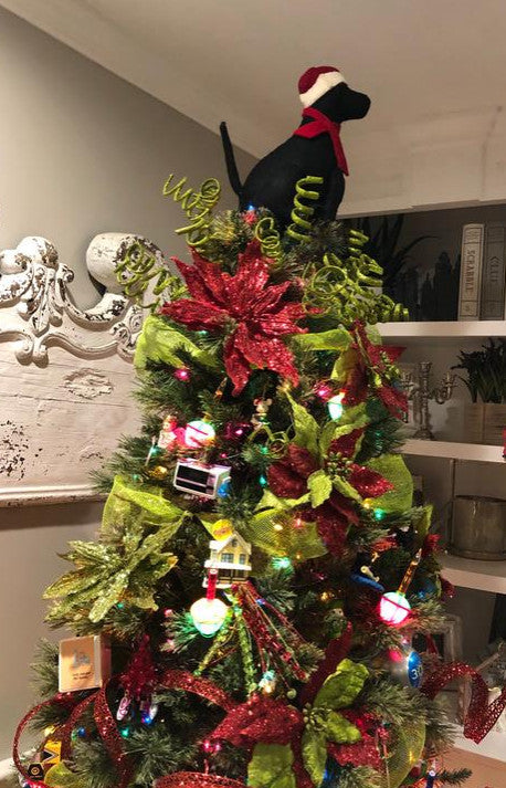 Black Lab with Santa Hat Christmas Tree Topper in Hand Felted Wool