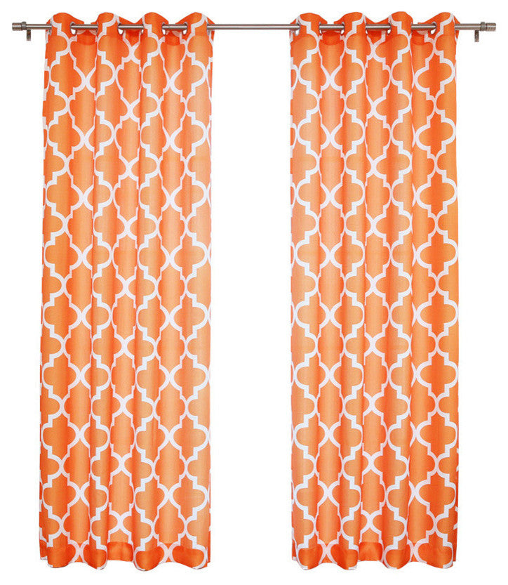 Beige Oxford Basketweave Moroccan Print Nickel Grommet Curtains, Orange, 52"w X