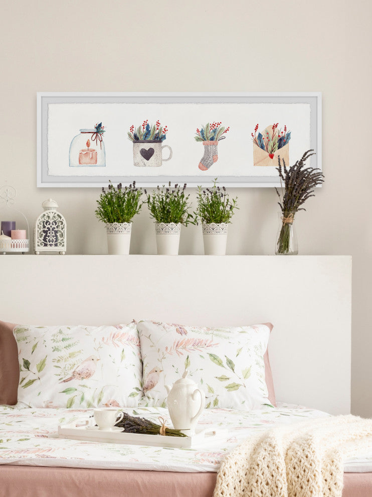 "Feathers and Jars" Framed Painting Print, 30x10