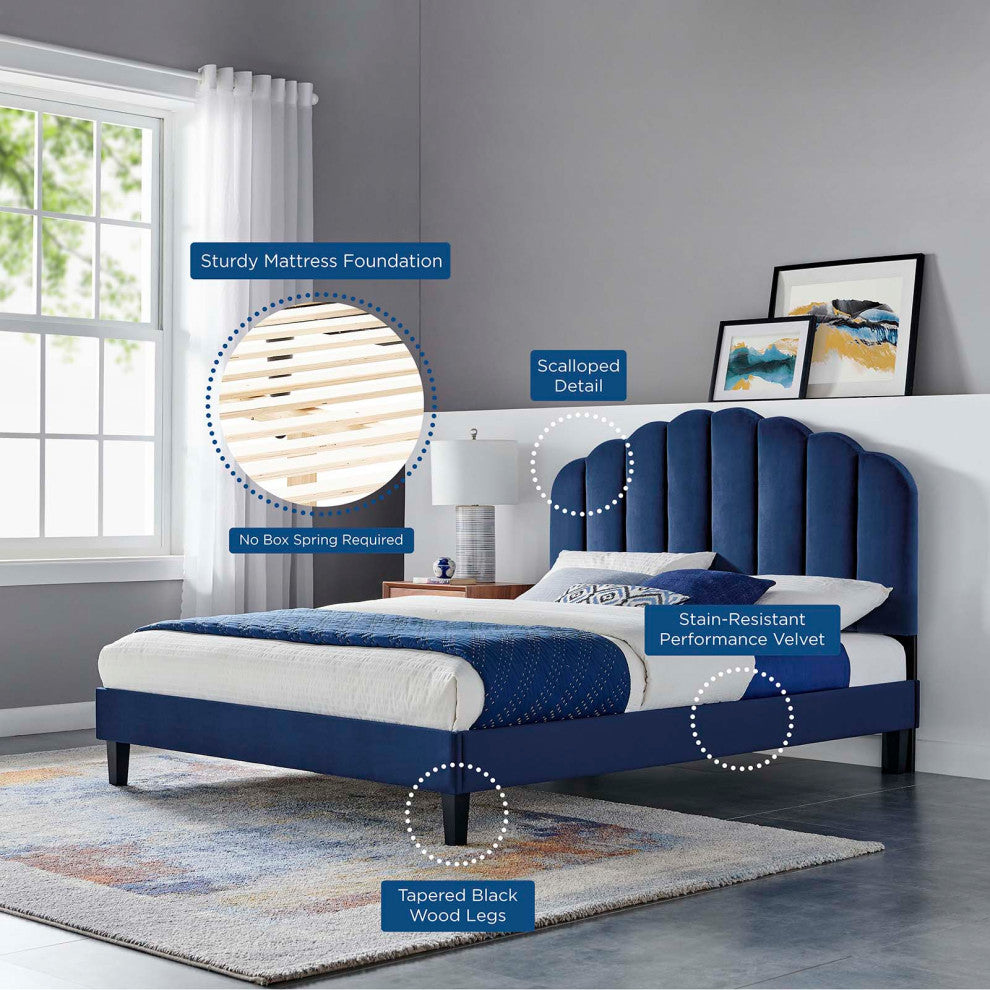 Platform Bed Frame, King Size, Blue Navy, Velvet, Modern, Bedroom Guest Suite